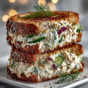 A close-up shot of the textured tuna salad in a bowl, with fresh ingredients like diced celery and red onion visible.