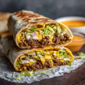 Big Mac Wraps (The Ultimate Copycat Recipe) 3 Two Big Mac style wraps cut in half and stacked, showing the delicious filling of ground beef, melted cheese, and fresh lettuce.