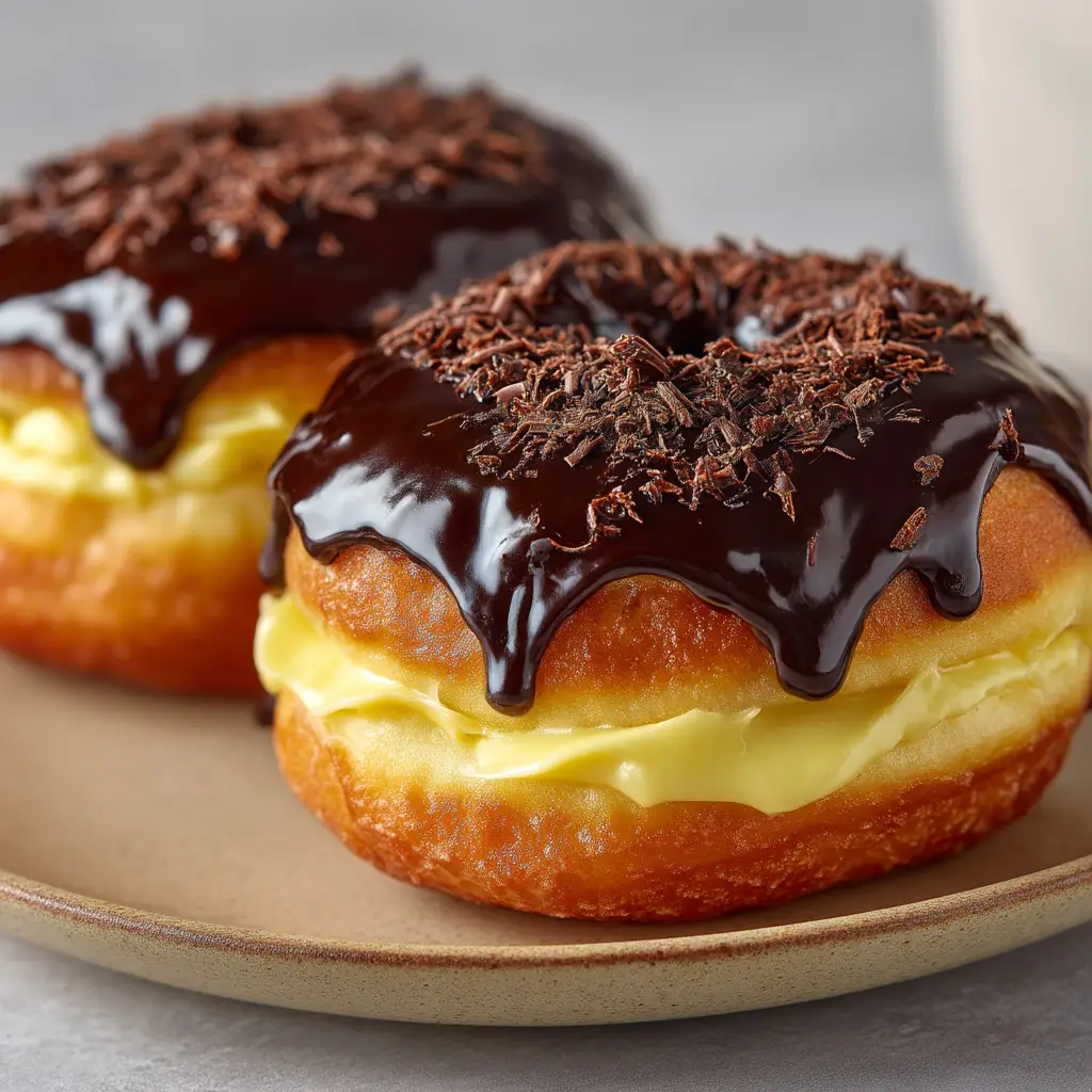 A Boston Cream Donut sliced open to show the rich, velvety vanilla pastry cream filling. This image highlights the key 'cream' element of the Boston Cream Donuts Recipe and shows the ideal texture of the custard.
