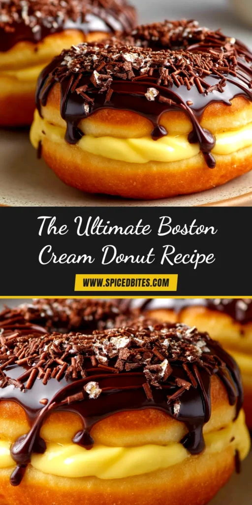 A beautiful overhead shot of several homemade Boston Cream Donuts on a platter. One donut is cut in half, revealing a generous, creamy vanilla custard filling. The donuts are topped with a glossy, rich chocolate glaze. This showcases the final result of the Boston Cream Donuts Recipe.