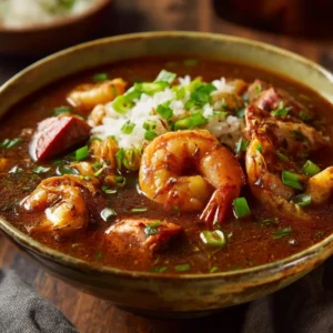 A close-up high-angle shot of a rustic bowl of Cajun seafood gumbo with a spoon.