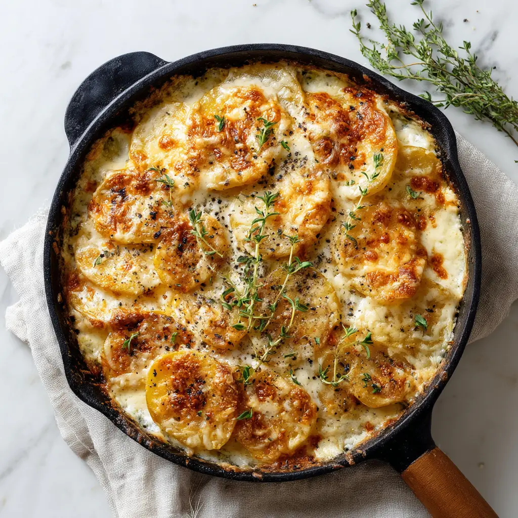 A close-up of the golden-brown crust on a cast iron potatoes au gratin, fresh out of the oven.