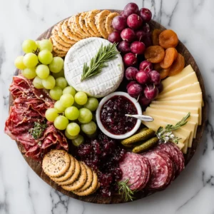 An overhead view of a beautiful charcuterie board idea, featuring an artful arrangement of cured meats, various cheeses, and colorful fruits.