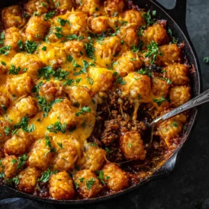 Sloppy Joe Tater Tot Casserole: The Ultimate Comfort Food Mashup 4 A close-up overhead view of the ground beef tater tot casserole, highlighting the bubbly cheese and golden-brown tots.