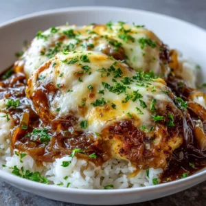 Slow Cooker French Onion Chicken (The Easiest, Cheesiest Recipe!) 4 An overhead close-up shot of cheesy French onion chicken in a baking dish, fresh from the broiler.