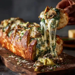 A close-up shot of a cheesy stuffed baguette, baked to golden perfection with bubbly spinach artichoke filling.
