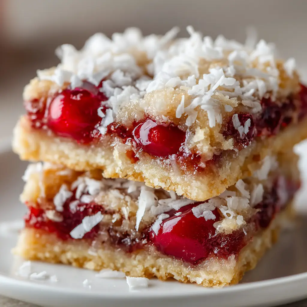 Old Fashioned Cherry Bars (The BEST Classic Recipe) 1 An overhead view of an 8x8 baking pan filled with freshly baked cherry crumble bars, with one slice removed to show the layers.