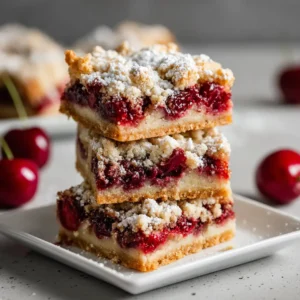 Cherry Crumb Bars: The Easiest, Most Buttery Recipe 4 A close-up shot of cherry crumb bars stacked on a white plate, showcasing the gooey cherry filling and crumbly oat topping.