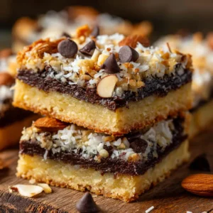 Almond Joy Cookie Bars: The Ultimate Chewy & Gooey Treat 4 A close-up shot of a single almond coconut dessert bar, highlighting the gooey coconut filling and melted chocolate.