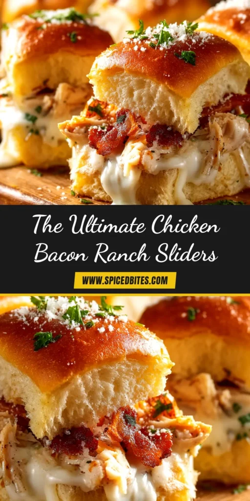 A platter of freshly baked Chicken Bacon Ranch Sliders on Hawaiian rolls, topped with a golden-brown butter and poppy seed glaze. One slider is being pulled away, showing a cheesy, delicious interior.
