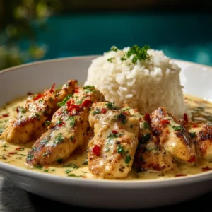 A close-up shot of chicken scampi in a pan, showing the glossy garlic butter sauce, perfectly seared chicken, and fresh parsley.