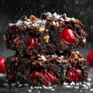 Chocolate Cherry Bars: The Ultimate Decadent Treat 4 An extreme close-up of two chocolate cherry crumble bars stacked, showing the gooey cherry filling and crumbly texture of the crust.