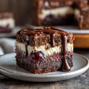 Chocolate Earthquake Cake (The Ultimate Cracked-Top Recipe) 3 A perfect square slice of chocolate earthquake cake on a white plate, showing the gooey cream cheese and coconut-pecan layer.