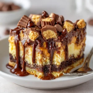 Peanut Butter Cup Dump Cake: The Easiest, Most Decadent Dessert 4 An extreme close-up of a serving of chocolate peanut butter dessert, highlighting the gooey texture and layers of cake and candy.