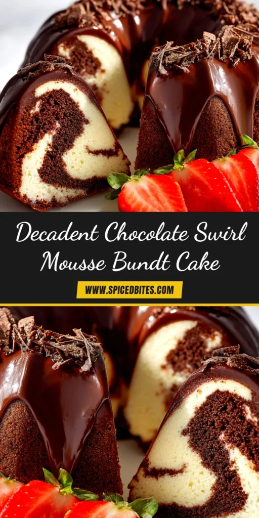 An overhead shot of a full Chocolate Swirl Mousse Bundt Cake, dusted with powdered sugar, ready to be shared. The perfect dessert recipe for chocolate lovers.