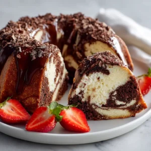 A slice of Chocolate Swirl Mousse Bundt Cake on a white plate, showing the beautiful interior marble of moist chocolate cake and light mousse filling.