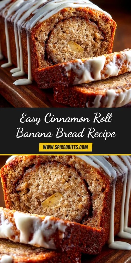 Cinnamon Roll Banana Bread (The Only Recipe You'll Ever Need) 3 A beautiful loaf of Cinnamon Roll Banana Bread on a wire rack, with a thick cream cheese glaze dripping down the sides and a perfect cinnamon swirl visible in a cut slice.