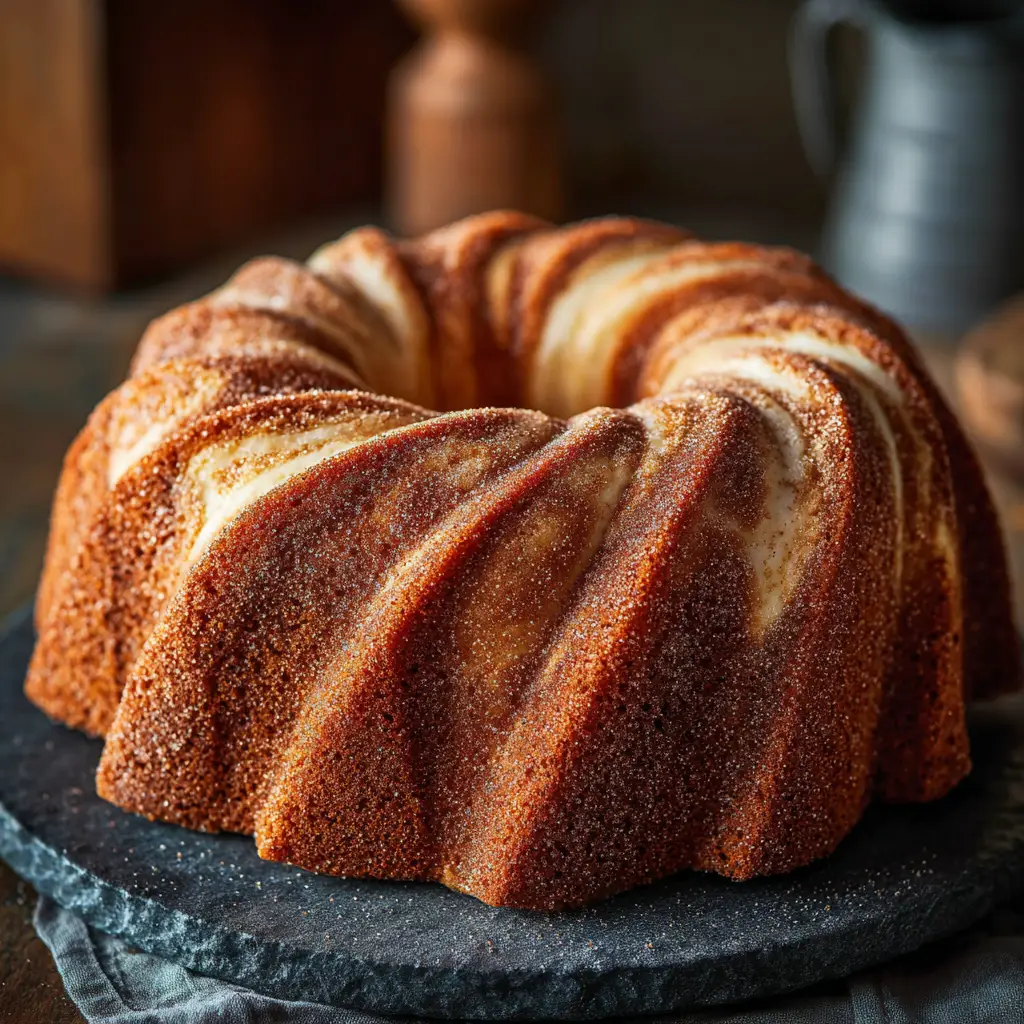 Cinnamon Swirl Sour Cream Bundt Cake: A Moist & Delicious Recipe 1 A top-down view of the moist sour cream bundt cake with a visible cinnamon ribbon just below the surface, ready to be sliced and served.