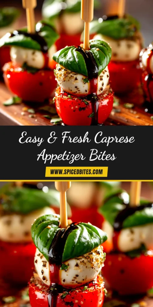 Caprese Skewers: The Ultimate Easy & Elegant Appetizer 3 A platter of classic Caprese Skewers, showing cherry tomatoes, mozzarella, and basil, drizzled with balsamic glaze. The perfect easy party appetizer.