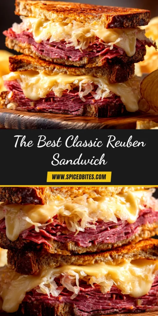 A perfectly grilled Reuben Sandwich Recipe, sliced in half to show layers of corned beef, melted swiss cheese, and sauerkraut on rye bread.