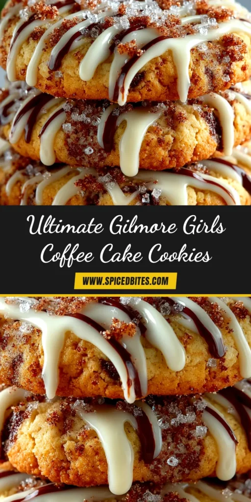 A top-down view of several coffee cake cookies on a wire rack, drizzled with vanilla glaze. The cookies have a visible cinnamon streusel topping.