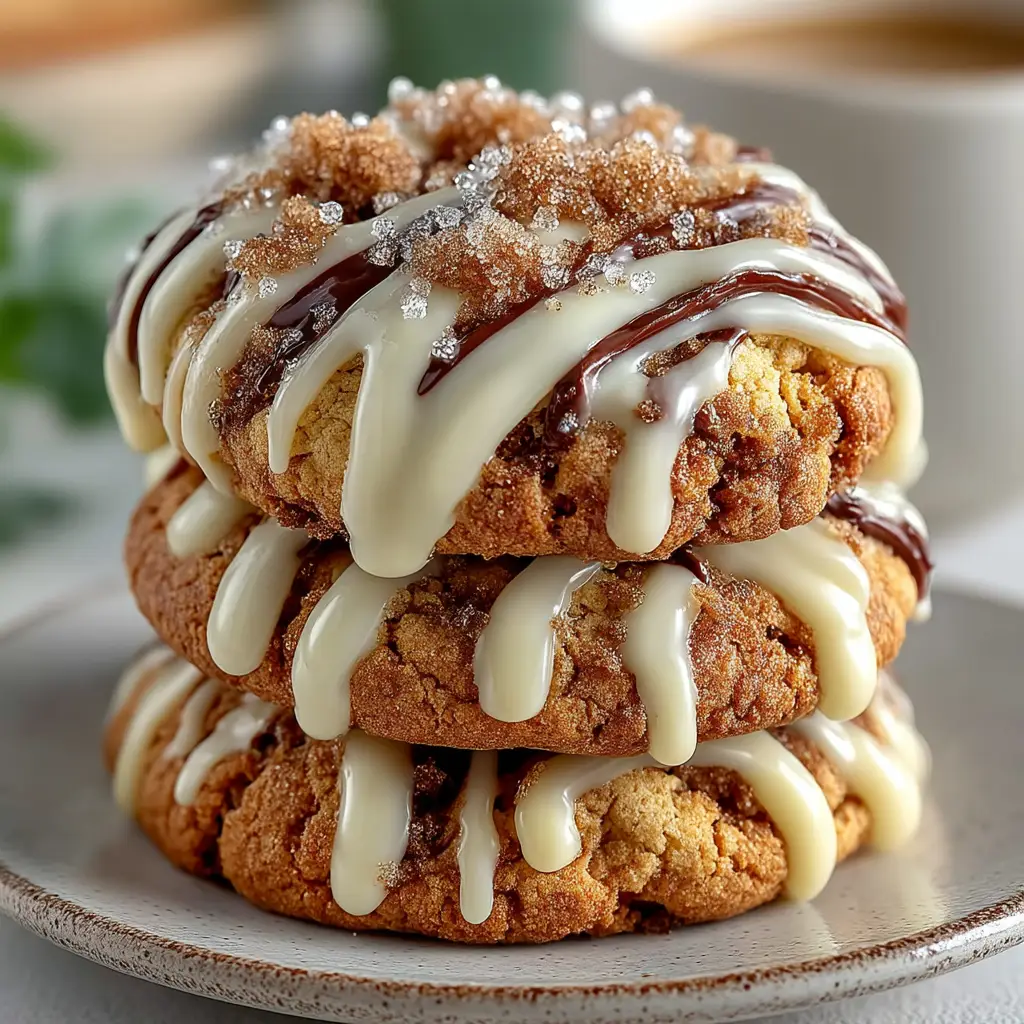 A baker drizzling sweet vanilla glaze over freshly baked coffee cake cookies that are cooling on a wire rack. The process of finishing the cookies.