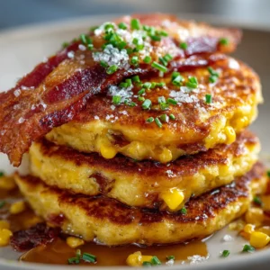 A close-up shot of savory corn pancakes being cooked on a hot griddle. The batter is studded with visible pieces of corn and crumbled bacon.