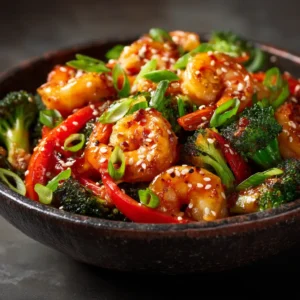 A close-up shot of the Honey Garlic Shrimp Stir-Fry being cooked in a wok, showing the glossy sauce coating the shrimp and vegetables.