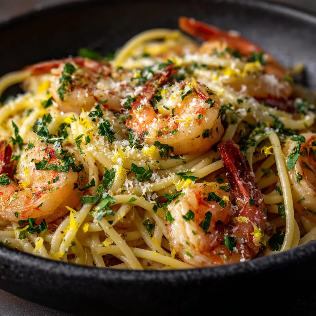 Lemon Garlic Parmesan Shrimp Pasta (Easy 20-Minute Recipe) 1 A pan full of cooked Lemon Garlic Parmesan Shrimp Pasta, with tongs tossing the linguine, shrimp, and sauce together.