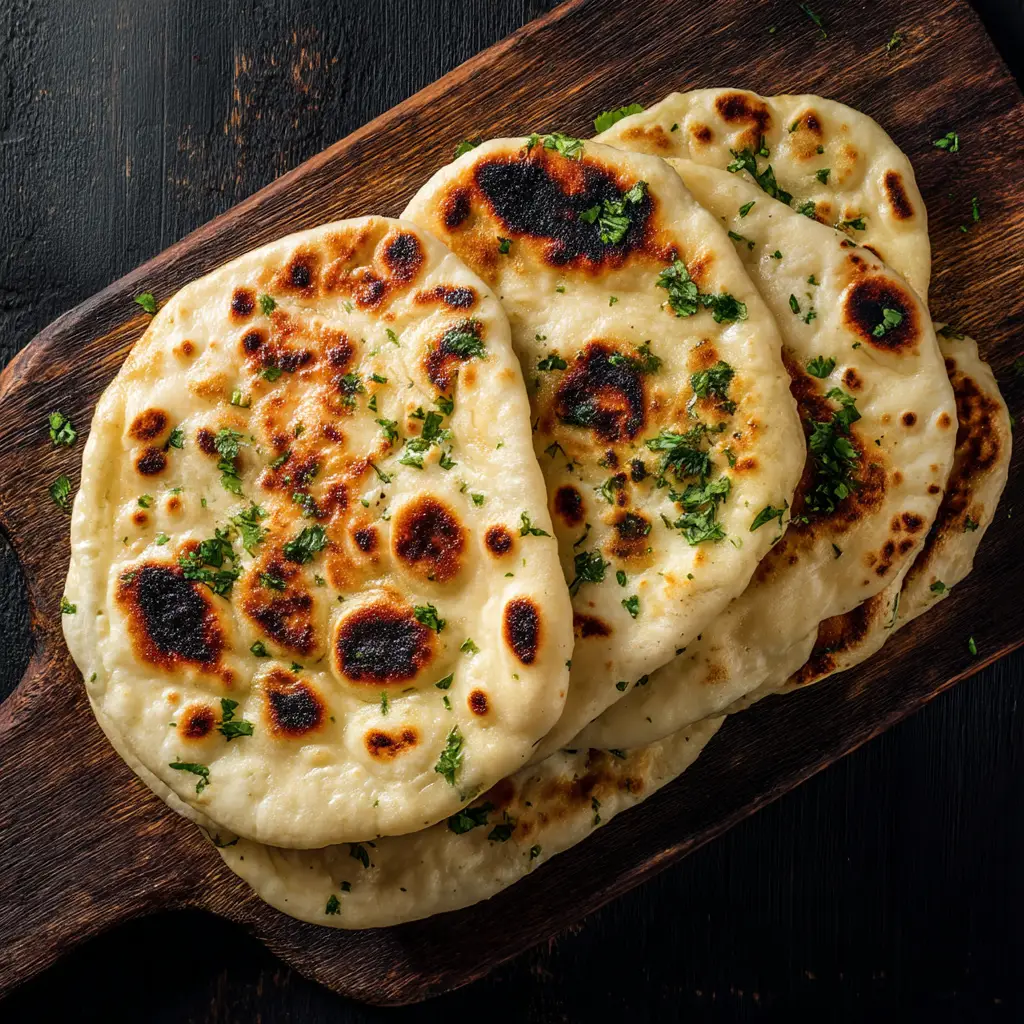 The process of cooking homemade naan bread in a hot cast-iron skillet, showing the bubbles forming on the surface.