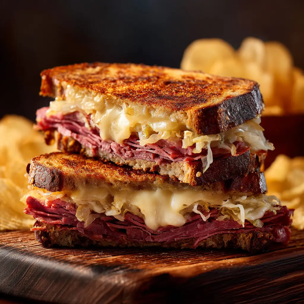The delicious layers inside a corned beef Reuben sandwich, showing sauerkraut and Russian dressing on rye bread.