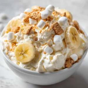 A close-up overhead view of creamy banana salad, showing the texture of the fluff with marshmallows, pineapple, and banana chunks.