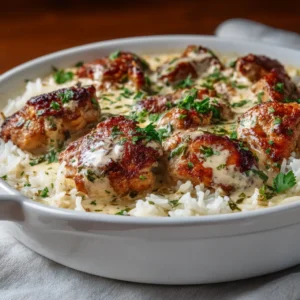 Creamy Smothered Chicken and Rice (The Ultimate One-Pan Dinner) 4 A close-up view of the creamy chicken and rice bake, showing the texture of the fluffy rice and tender chicken in a savory sauce.