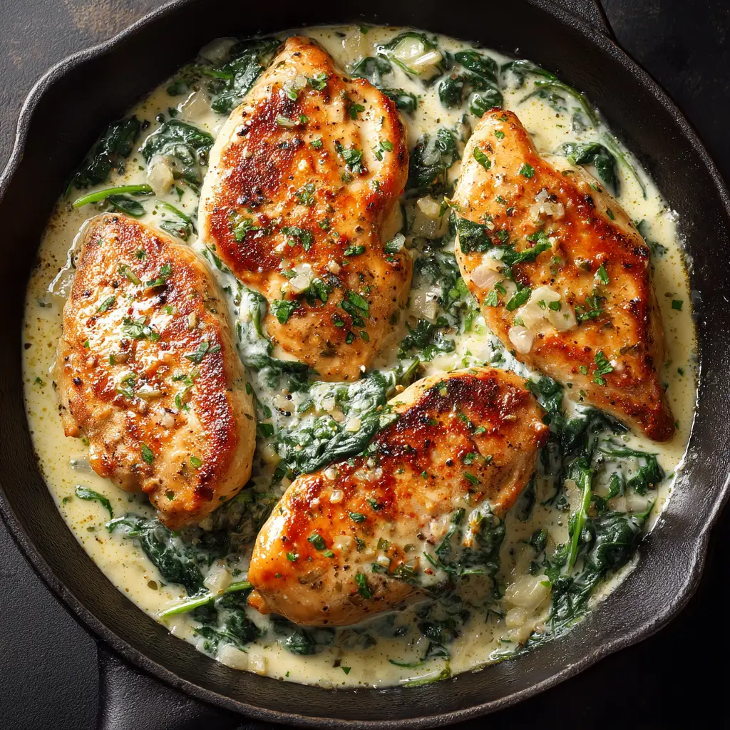 Creamy Spinach Chicken (The Ultimate 30-Minute Skillet Dinner) 1 A close-up shot of the finished creamy chicken skillet, showing the rich texture of the parmesan and spinach sauce.