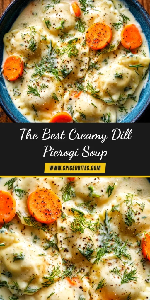 Creamy Dill Pierogi Soup (The Ultimate Comfort Meal) 3 A top-down view of a bowl of Creamy Dill Pierogi Soup, garnished with fresh dill. The rich, white broth is filled with pierogies and slices of kielbasa.