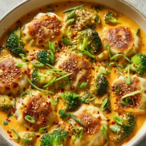 Oven-Baked Dumplings: The Ultimate Creamy Casserole Recipe 4 A close-up overhead shot of the creamy dumpling casserole, showing the rich texture of the sauce and the perfectly cooked dumplings with melted cheese.