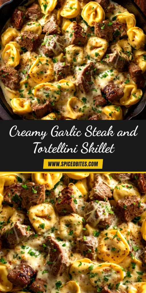 Garlic Steak Tortellini: A 30-Minute Restaurant-Quality Meal 3 A close-up overhead shot of Garlic Steak Tortellini in a dark skillet, showing seared steak bites and cheesy tortellini in a creamy white sauce, garnished with fresh parsley.