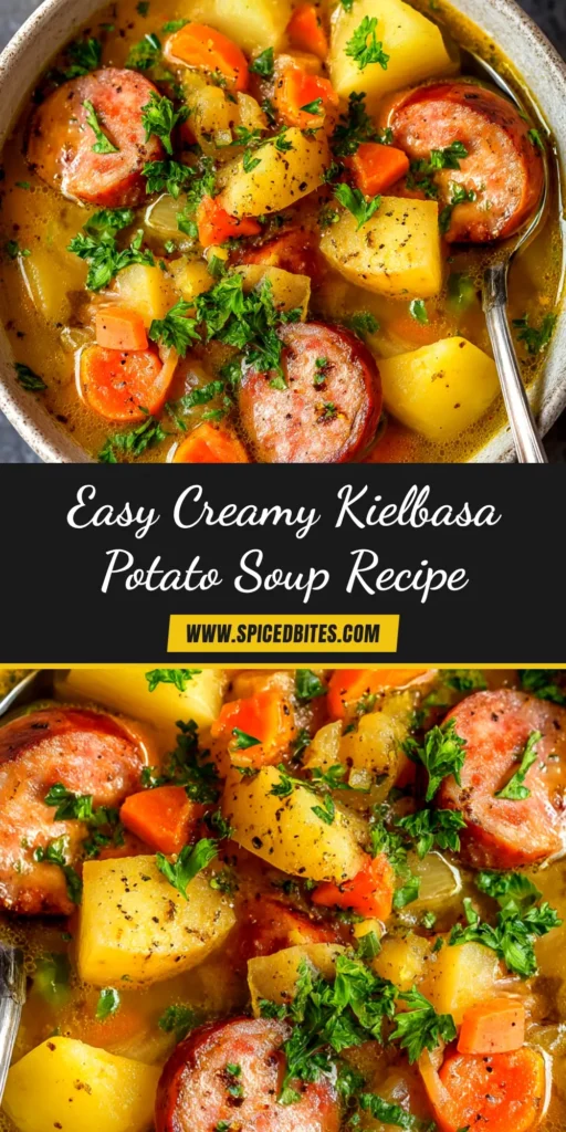 Kielbasa Potato Soup (The Ultimate Creamy Recipe) 3 A close-up shot of a bowl of creamy Kielbasa Potato Soup, garnished with fresh parsley. The soup is thick and hearty, filled with slices of sausage and chunks of potato.