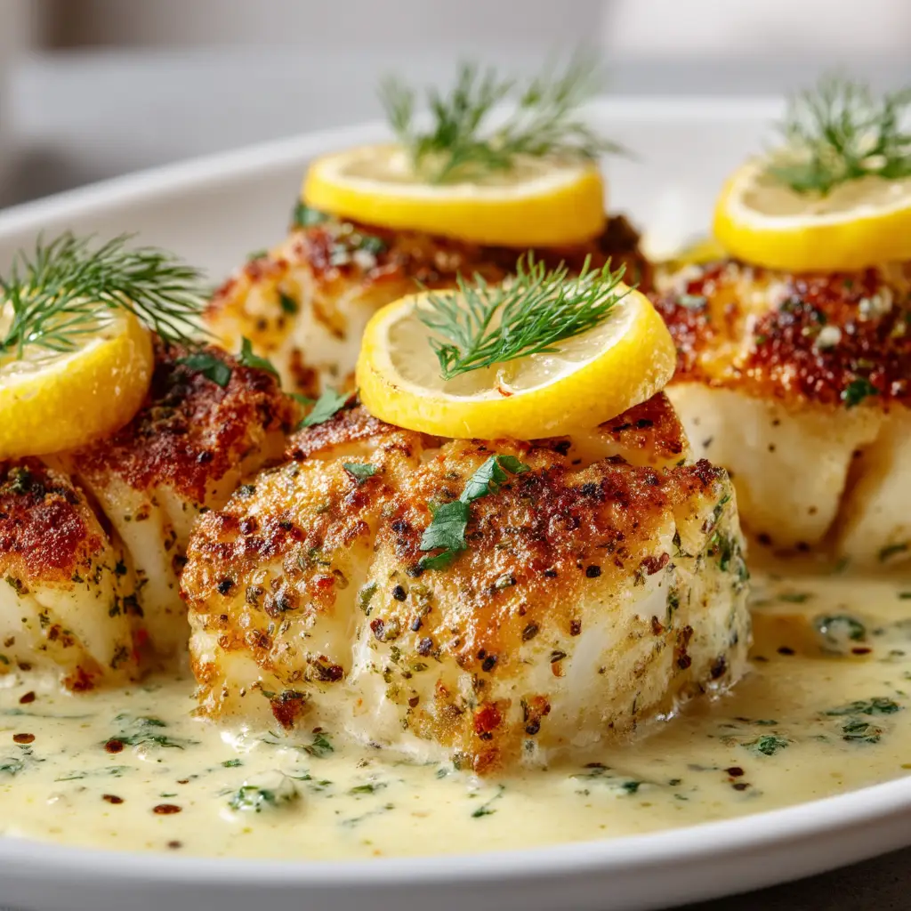 Baked Cod with Lemon-Dill Sauce: A 30-Minute Delight 1 A small white bowl containing creamy lemon-dill sauce, with fresh dill and a lemon in the background.