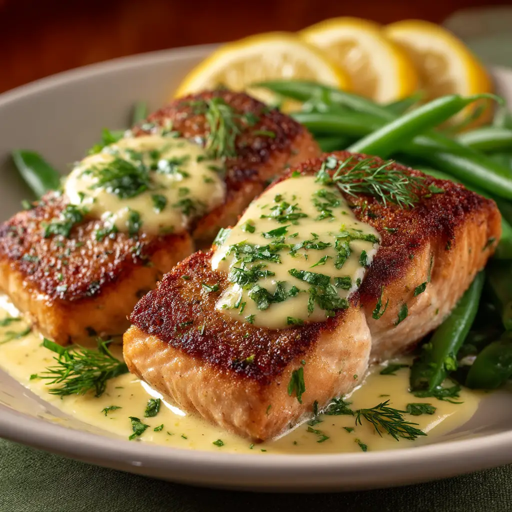 Salmon with Mustard Cream Sauce (Restaurant-Quality at Home) 1 A skillet with two crispy salmon fillets simmering in a creamy mustard dill sauce, showcasing a step in the cooking process.