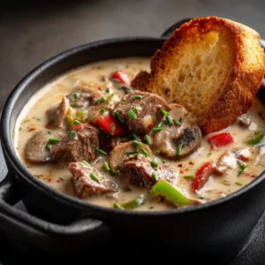 A close-up shot of creamy beef soup with steak and melted cheese, illustrating the texture of the Philly cheesesteak soup.