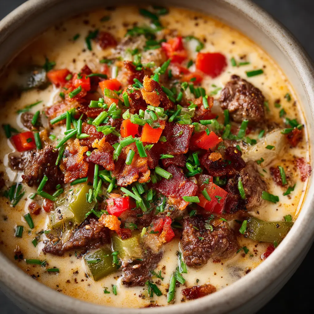A close-up of the creamy texture of the Philly Cheesesteak Soup, showing the melted provolone cheese.