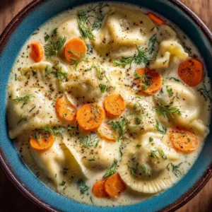 Creamy Dill Pierogi Soup (The Ultimate Comfort Meal) 4 An extreme close-up shot of the creamy pierogi soup in a rustic light blue ceramic bowl, highlighting the texture of the pierogies and dill.