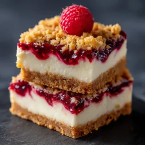 Raspberry Cheesecake Bars (The Best Easy Recipe) 3 Two creamy raspberry cheesecake bars stacked on a white plate, highlighting the smooth texture of the cheesecake filling and the thick graham cracker crust.