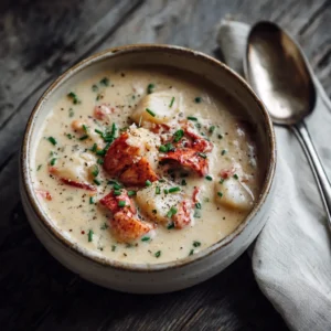 Lobster Scallop Chowder: The Ultimate Creamy Recipe 4 A close-up overhead view of a rich and creamy seafood chowder in a rustic bowl, garnished with fresh herbs.