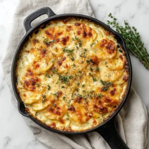 Creamy cheesy skillet potatoes being served from a cast-iron pan, showing the layers of tender potatoes in a rich sauce.