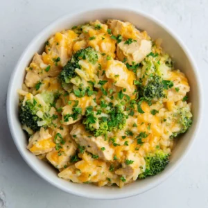 Crockpot Broccoli Cheddar Chicken and Rice (The Easiest Ever!) 4 A close-up overhead shot of the creamy crockpot broccoli cheddar chicken and rice in a slow cooker after being stirred.