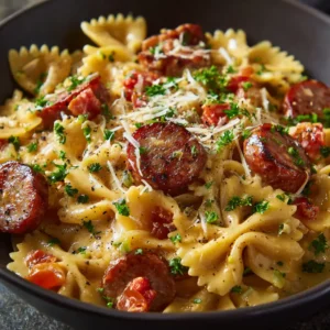One Pot Smoked Sausage Pasta (Creamy & Delicious!) 3 An extreme close-up of creamy sausage pasta in a rustic bowl, showing the rich texture of the sauce clinging to the penne.