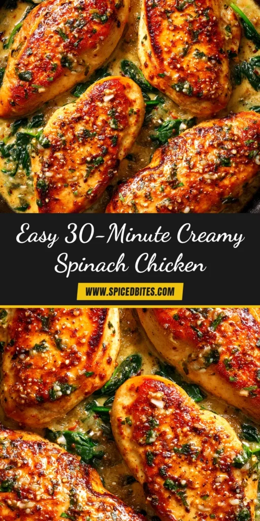 Creamy Spinach Chicken (The Ultimate 30-Minute Skillet Dinner) 3 An overhead shot of a skillet of Creamy Spinach Chicken, with golden-brown chicken breasts in a rich cream sauce with wilted spinach.