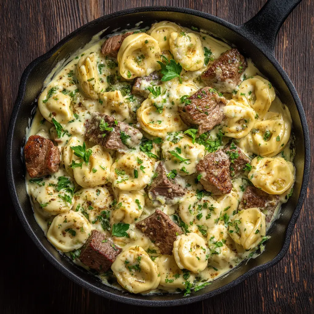 Garlic Steak Tortellini: A 30-Minute Restaurant-Quality Meal 1 A detailed shot of the garlic butter steak bites and cheese tortellini being mixed together in the creamy parmesan sauce within the skillet.